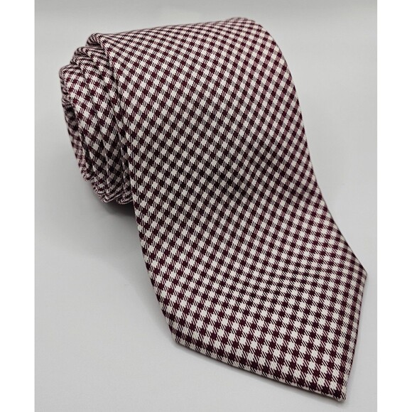 TOMMY HILFIGER CHECKERED  BURGUNDY WHITE 100% SILK TIE - Picture 1 of 4